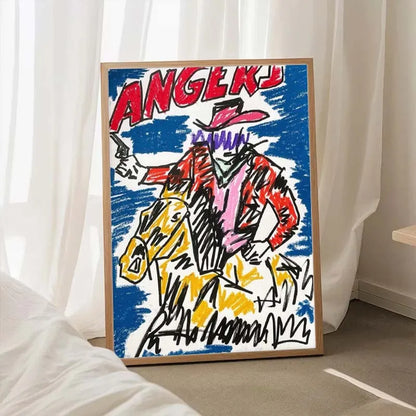 Colorful abstract painting of a figure on a horse with 'ANGEL' text, framed against a white curtain.