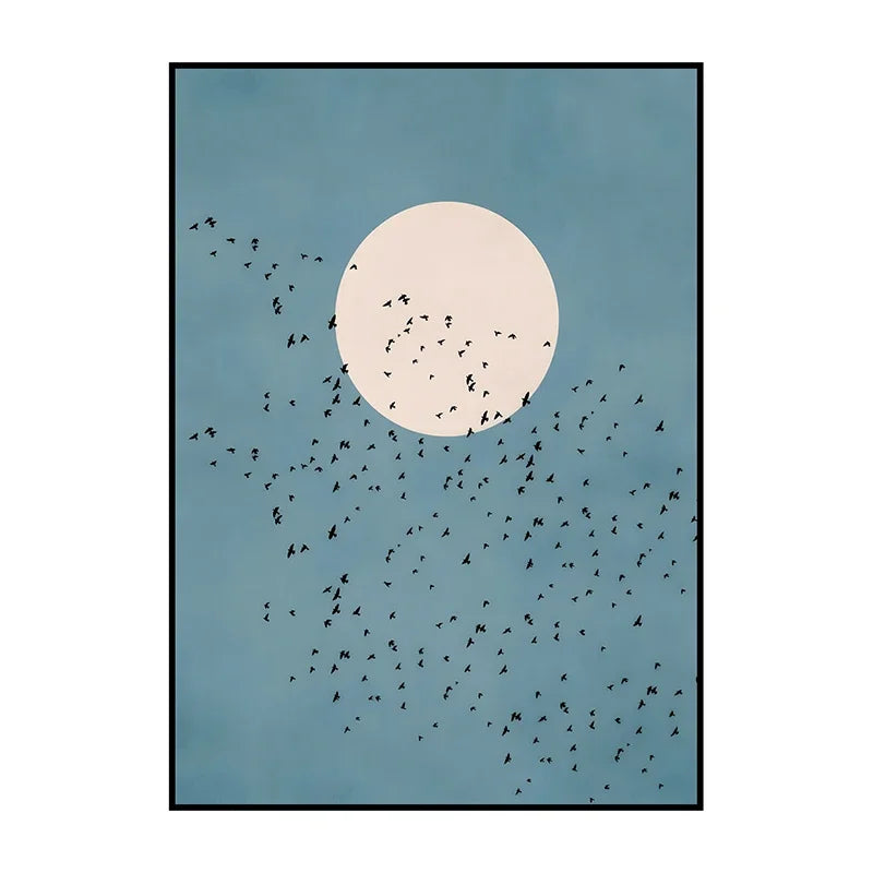 Framed artwork of a blue sky with a full moon and black birds, on a white background.