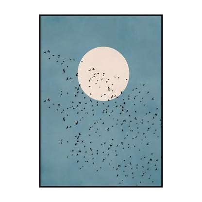Framed artwork of a blue sky with a full moon and black birds, on a white background.