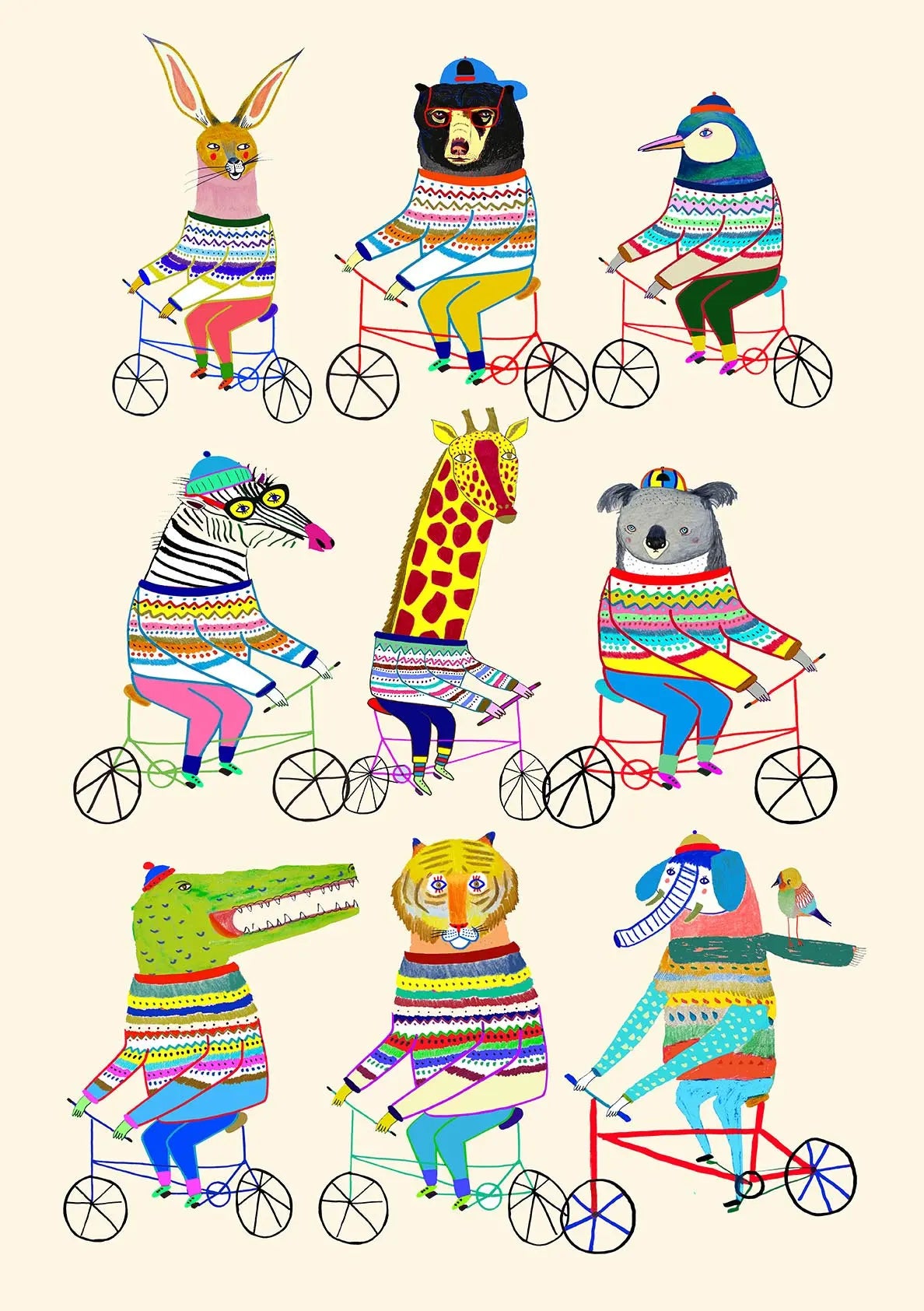 Illustrations of animals riding bicycles on a beige background
