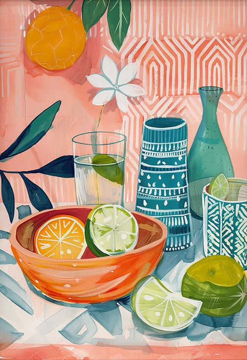 Colorful still life with a bowl of fruit, glasses, and decorative elements on a patterned background.