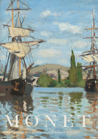 Painting of ships on a river with 'Monet' at the bottom