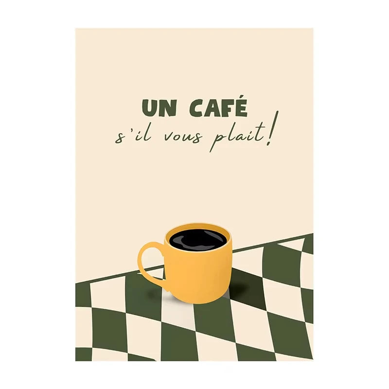 Yellow coffee cup on a green and white checkered tablecloth with 'Un café s'il vous plait!' text on a beige background