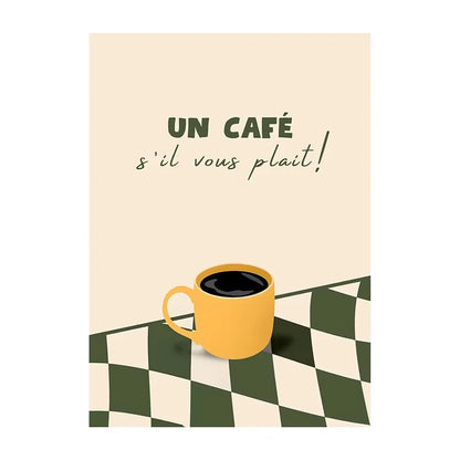 Yellow coffee cup on a green and white checkered tablecloth with 'Un café s'il vous plait!' text on a beige background