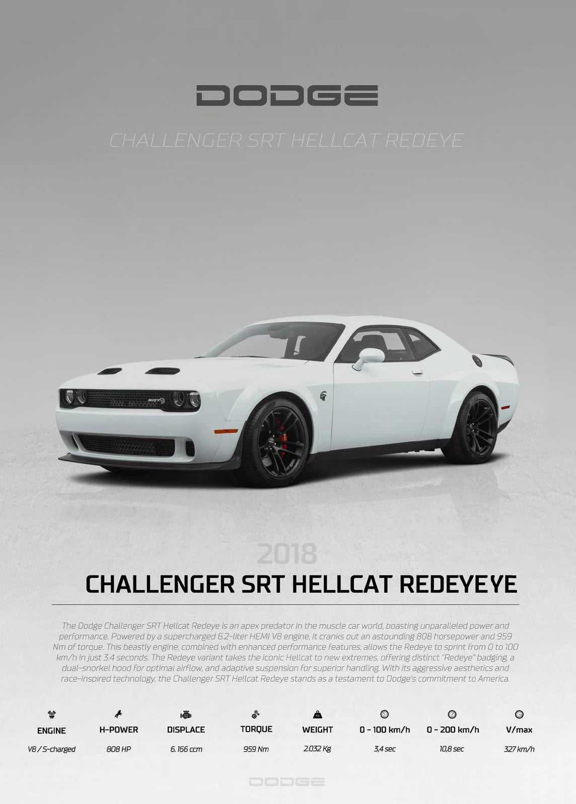 White Dodge Challenger SRT Hellcat Redeye on a gray background with Dodge logo.