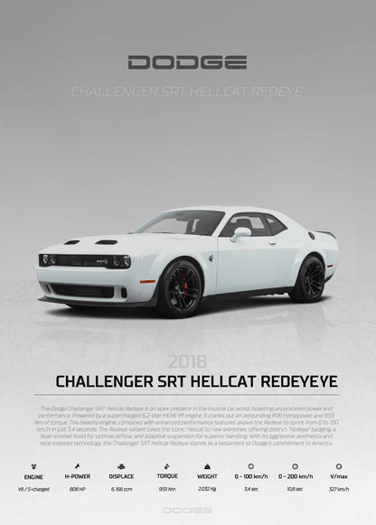 White Dodge Challenger SRT Hellcat Redeye on a gray background with Dodge logo.