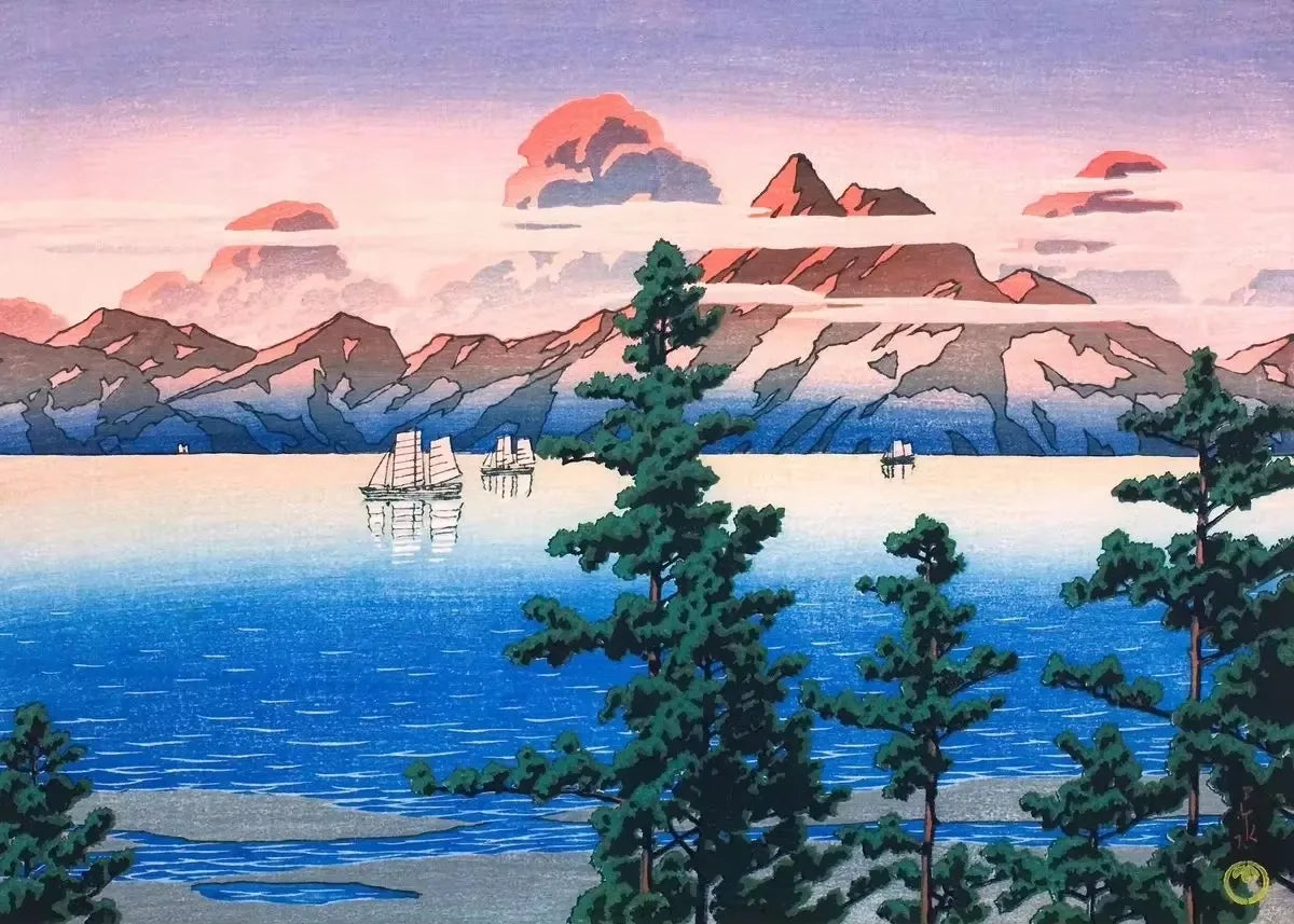 Scenic artwork of a lake with mountains and trees, featuring a ship on the water.