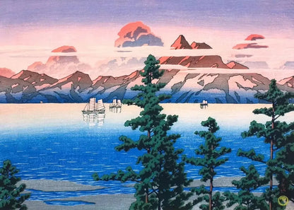 Scenic artwork of a lake with mountains and trees, featuring a ship on the water.