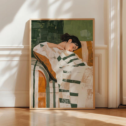 Framed artwork of a woman in a patterned dress on a wooden floor with sunlight casting shadows.