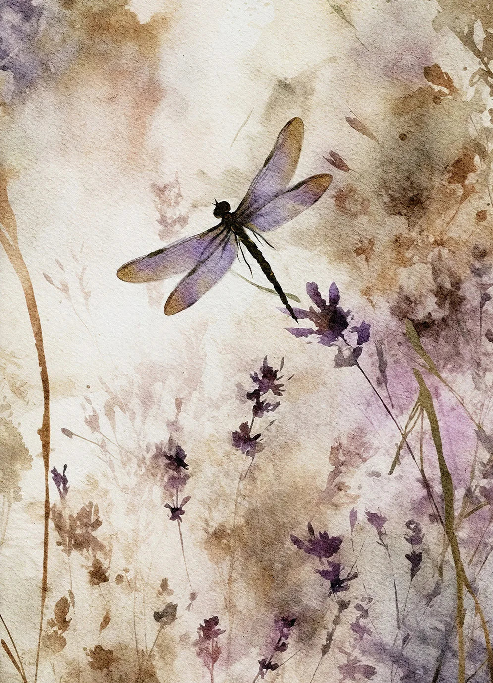 Artistic depiction of a dragonfly and flowers on a textured background