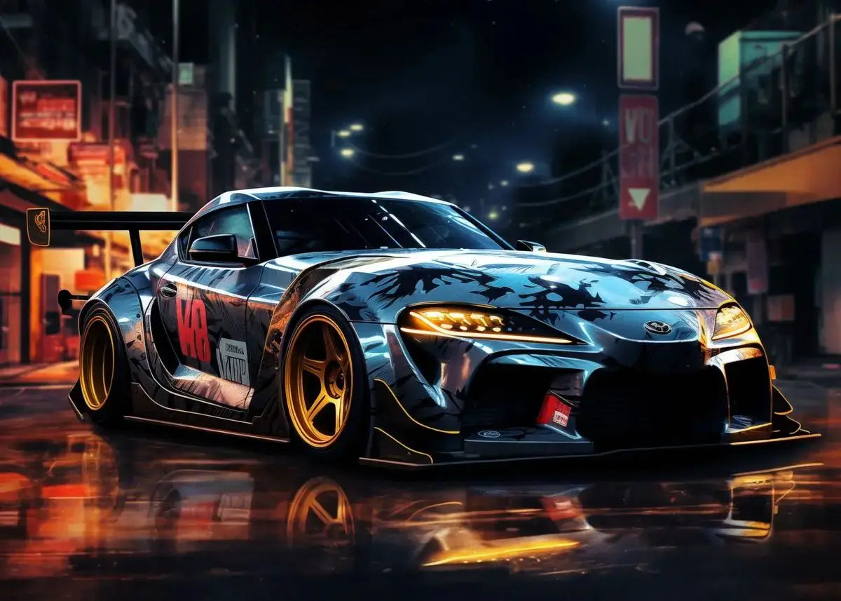 Stylized image of a black sports car on a city street at night.