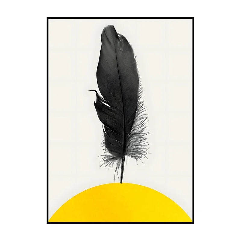 Framed artwork with a black feather on a yellow half-circle against a white background