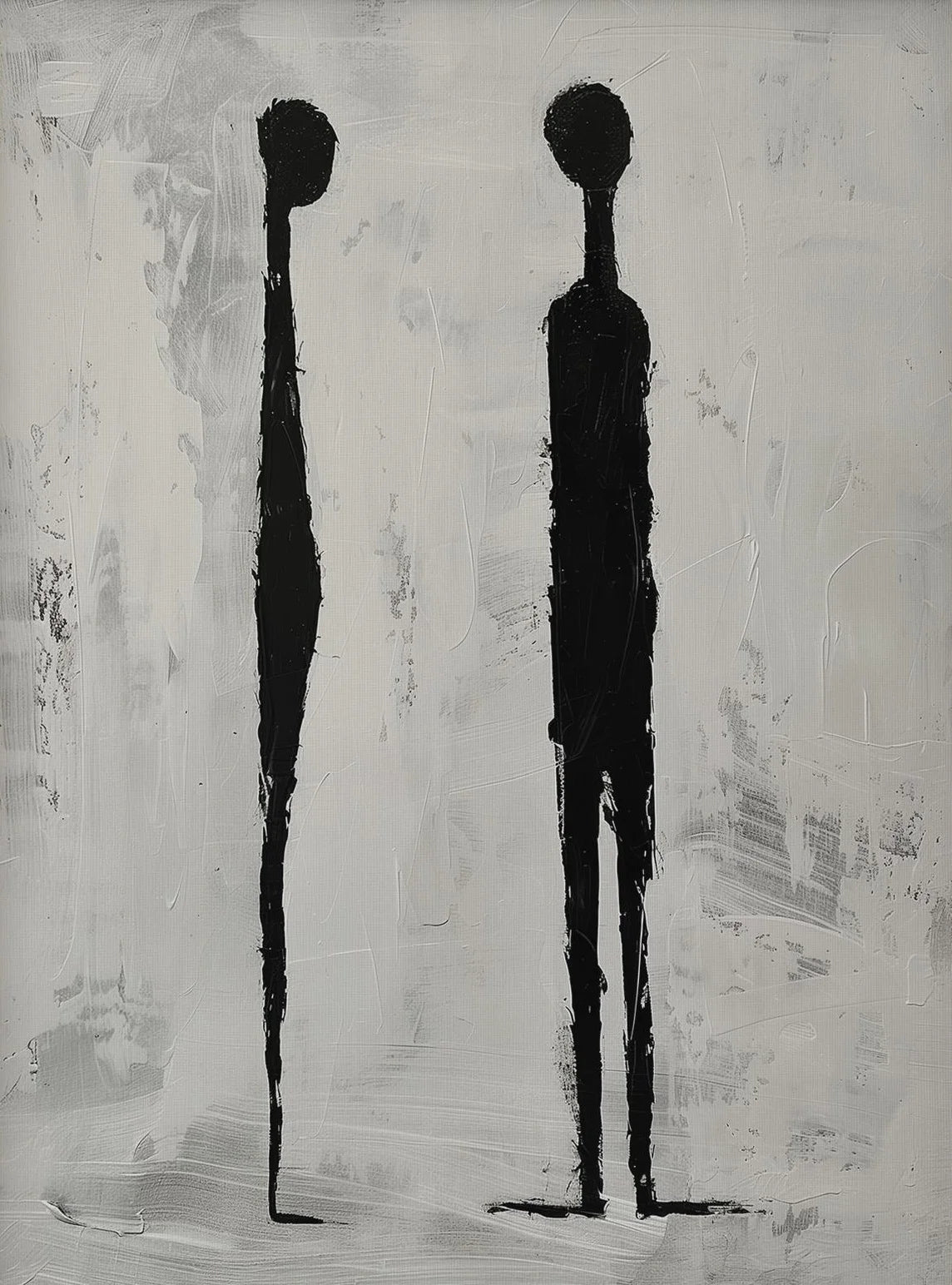 Abstract black and white painting of two humanoid figures on a textured background