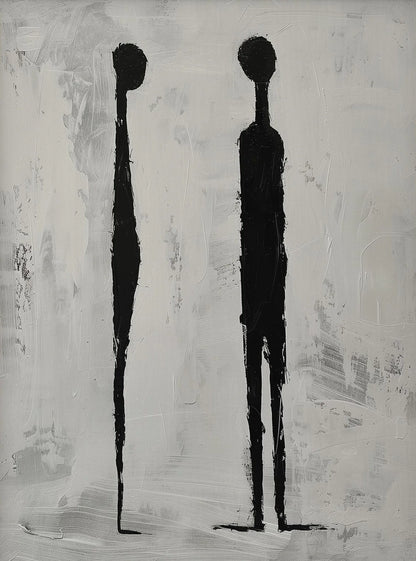 Abstract black and white painting of two humanoid figures on a textured background