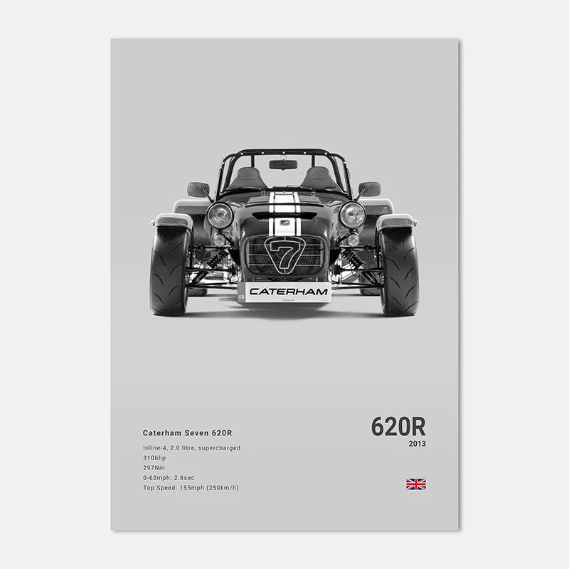 Caterham Seven 620R car on a gray background with model details.