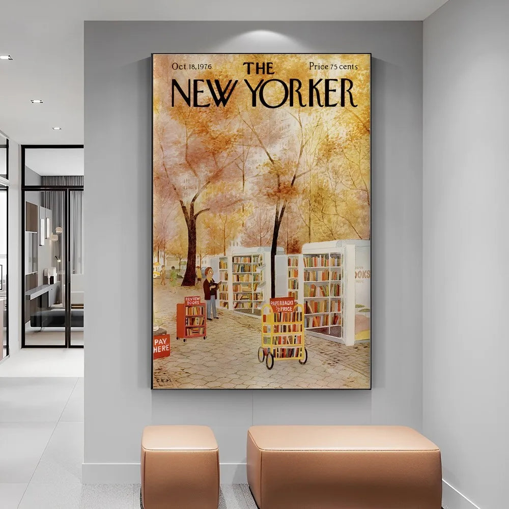 Framed New Yorker magazine cover in a modern interior setting
