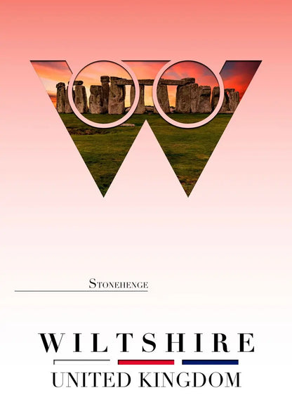 Stonehenge with a geometric design and text overlay on a pink and orange gradient background