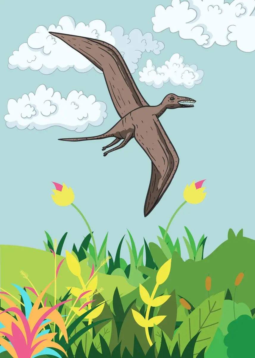 Illustration of a pterodactyl flying over a colorful landscape with plants and clouds.