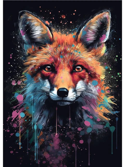Colorful fox illustration with abstract splashes on a dark background