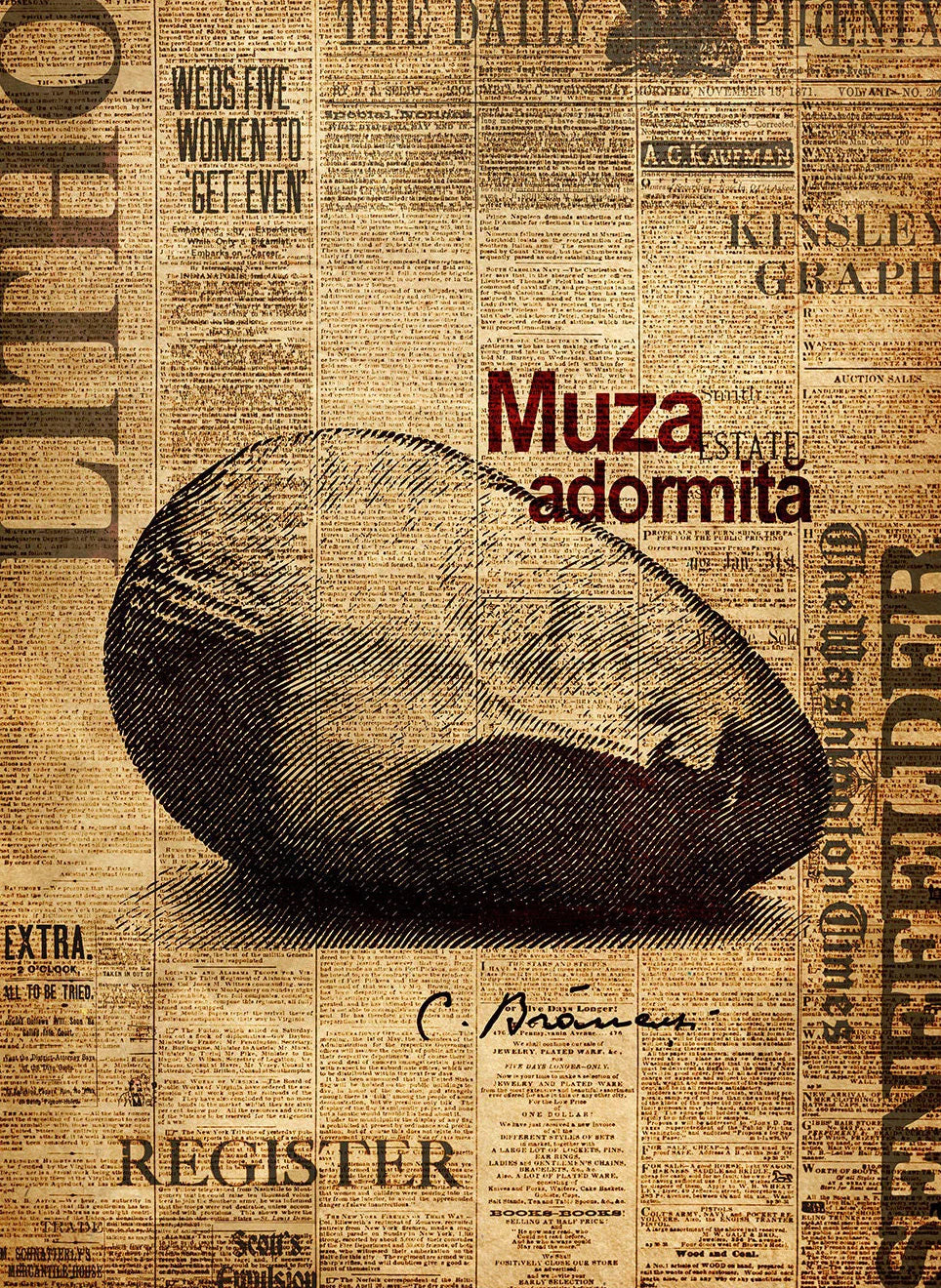 Newspaper background with a large black inkblot and the text 'Muza adormitá' in red.