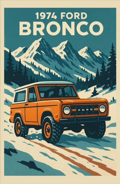 1974 Ford Bronco illustration with mountains in the background
