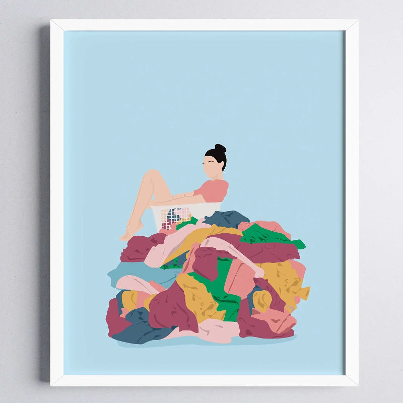 Illustration of a woman sitting on a pile of colorful clothes against a light blue background.