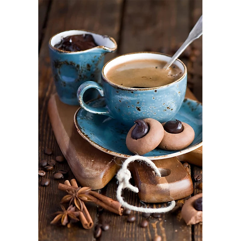 Blue ceramic cup with coffee and cookies on a wooden surface