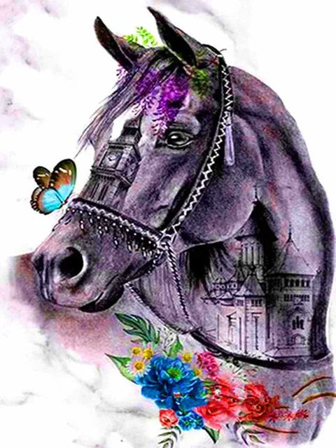 Horse with decorative elements including flowers, a butterfly, and architectural landmarks on a white background