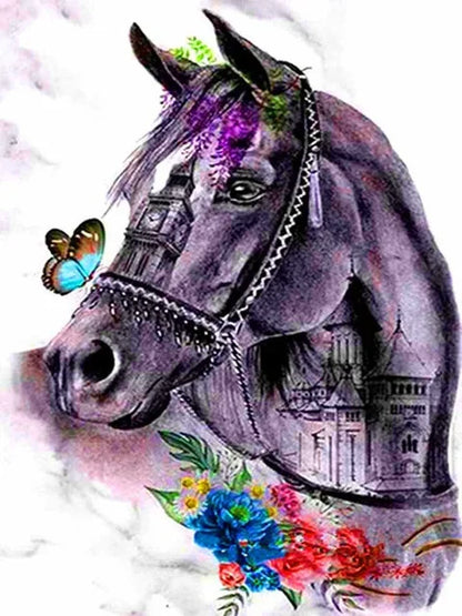 Horse with decorative elements including flowers, a butterfly, and architectural landmarks on a white background