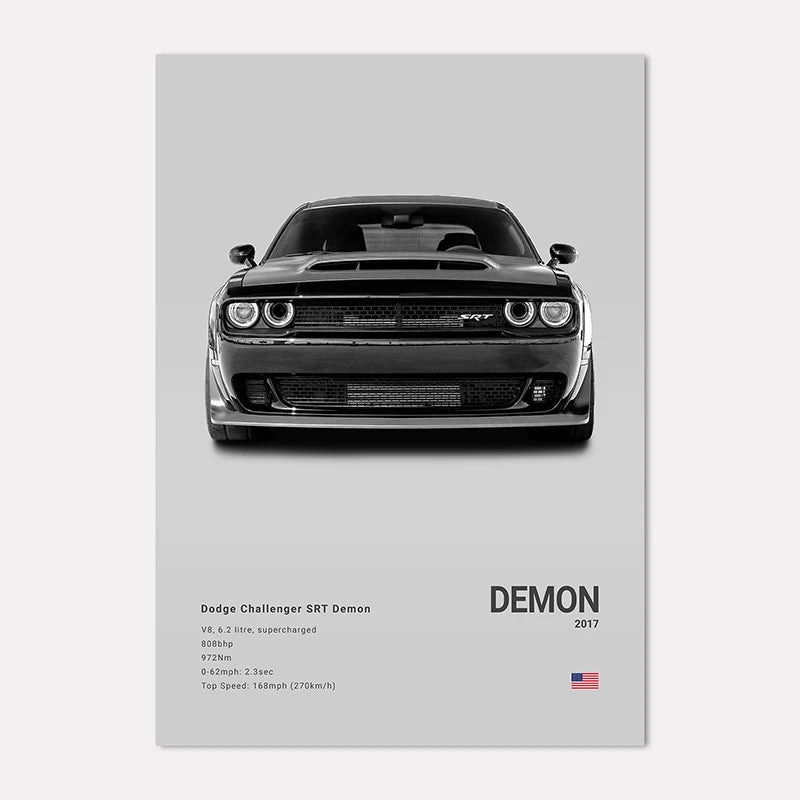 Dodge Challenger SRT Demon poster with specifications on a gray background