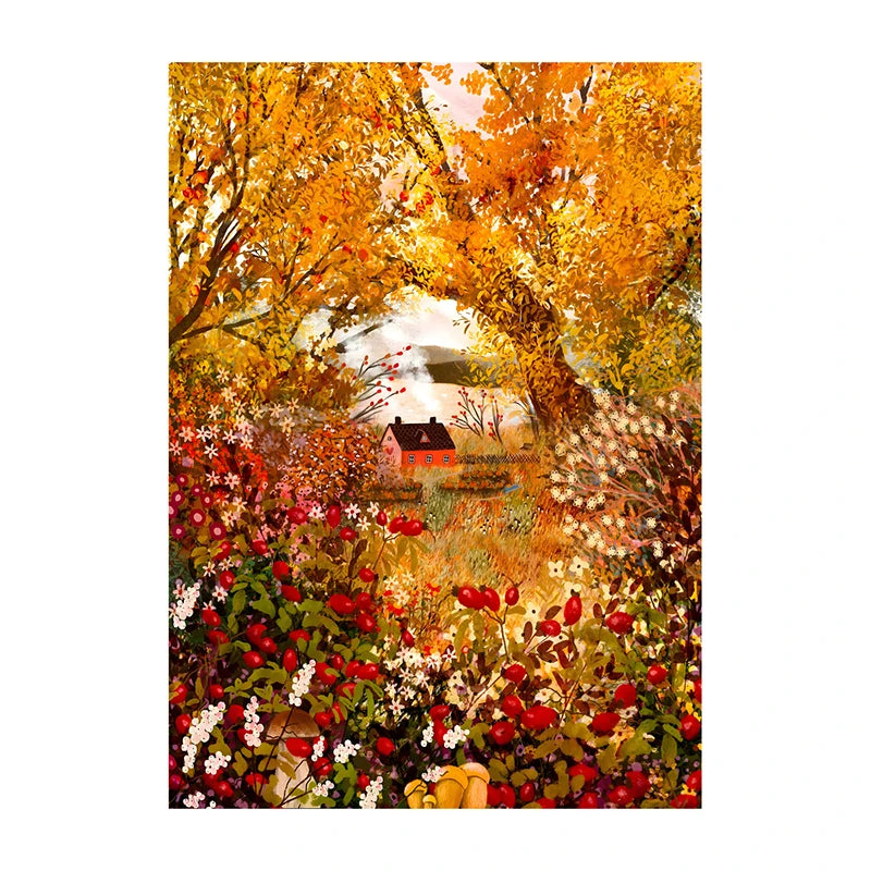 Painting of a scenic landscape with autumn trees and a house.