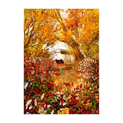 Painting of a scenic landscape with autumn trees and a house.