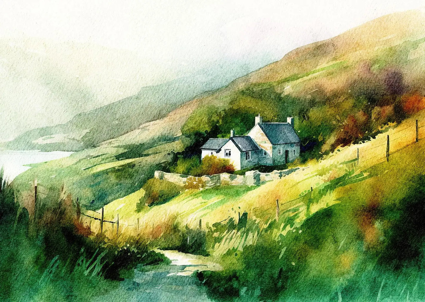 Watercolor painting of a house on a hillside with a path leading to it.