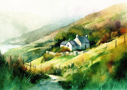 Watercolor painting of a house on a hillside with a path leading to it.