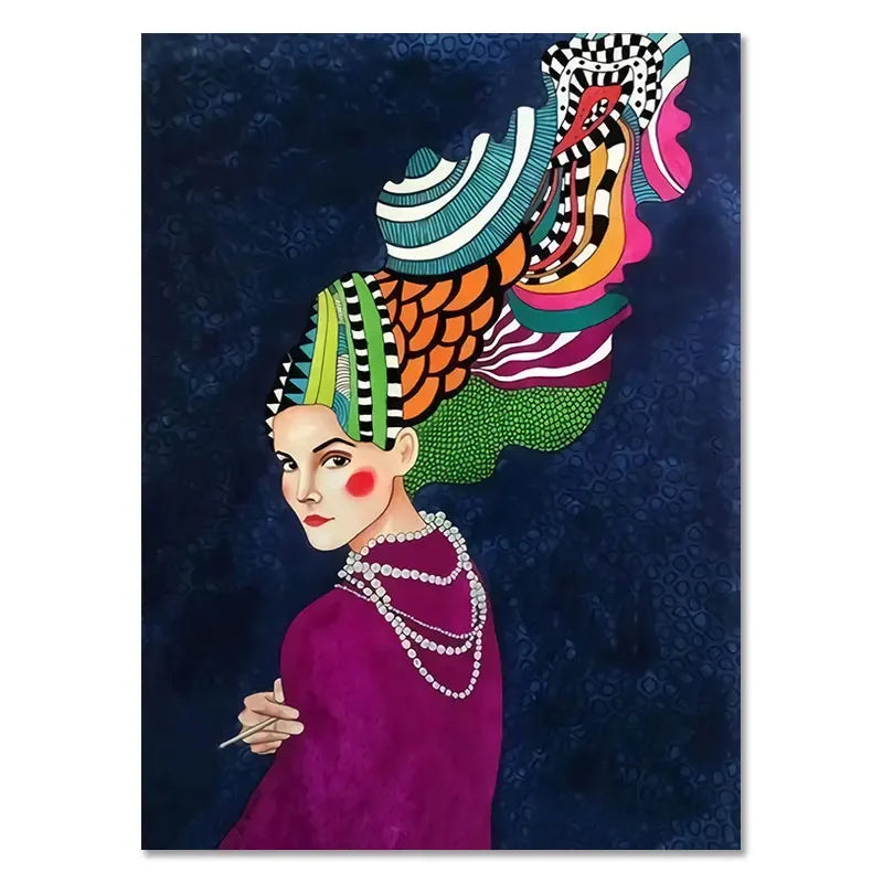 Colorful artwork of a woman with an elaborate headpiece against a dark blue background