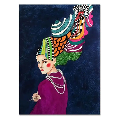 Colorful artwork of a woman with an elaborate headpiece against a dark blue background