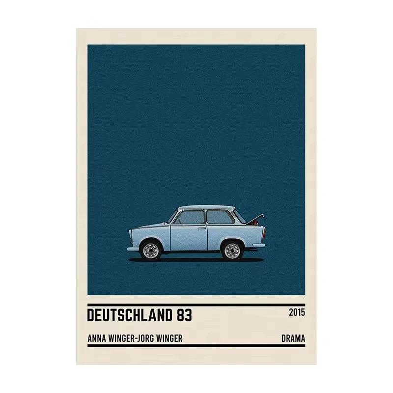 Poster with a blue car illustration on a dark blue background with text at the bottom.