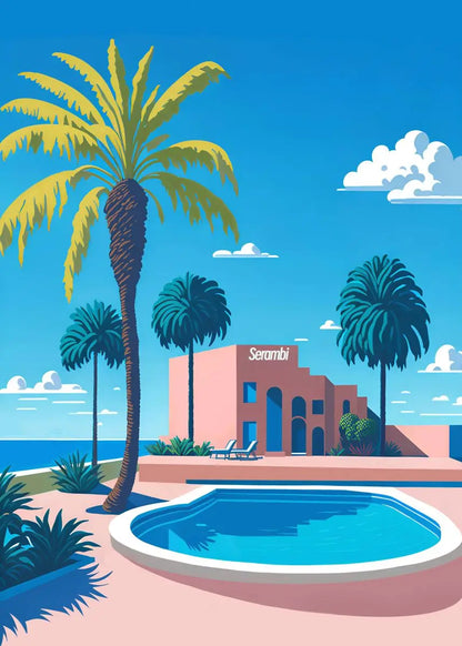Illustration of a building with palm trees and a pool under a blue sky.