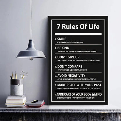 Framed poster with '7 Rules Of Life' on a wall above a desk with stationery items.