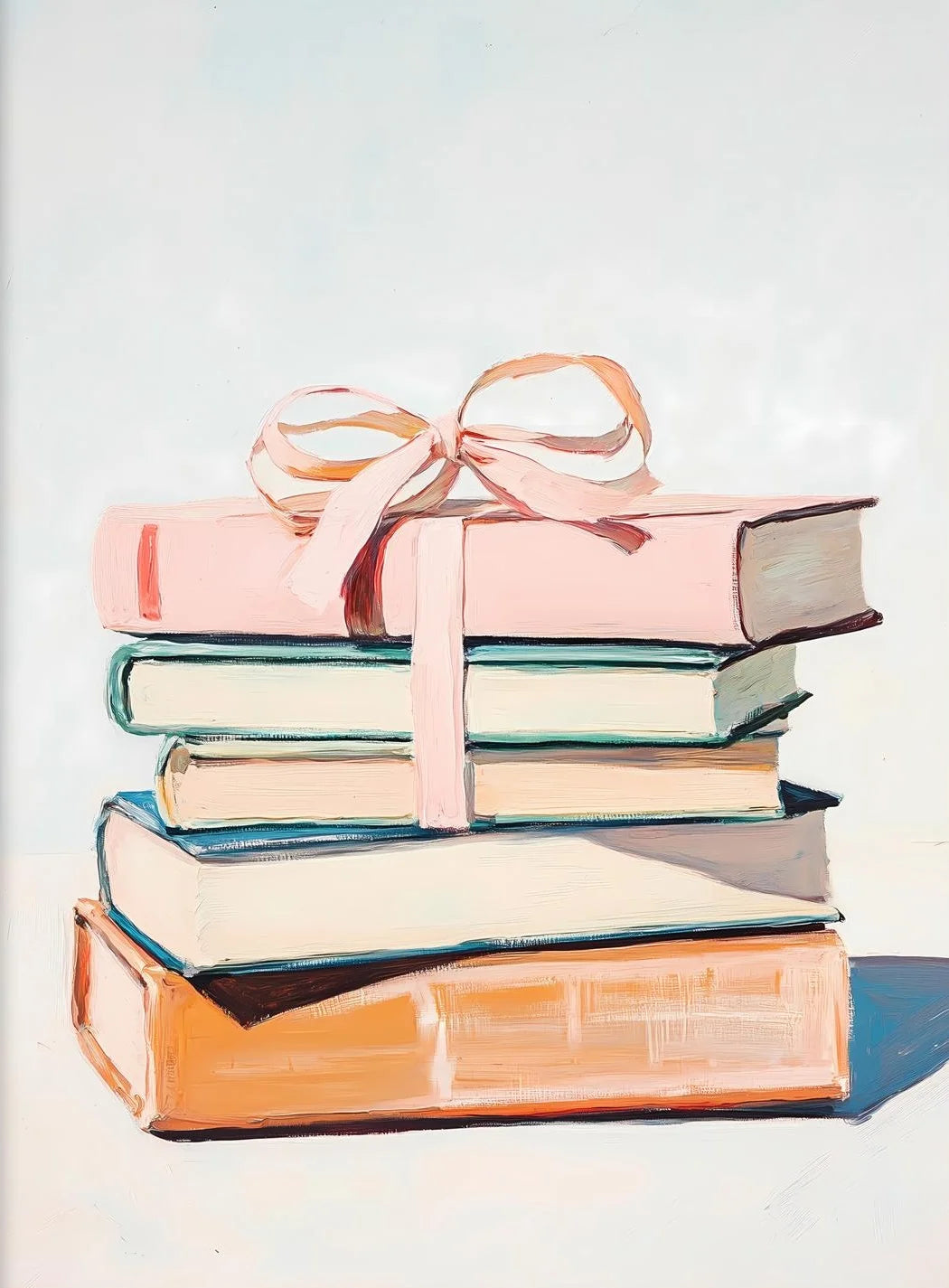 Stack of books tied with a pink ribbon on a light background