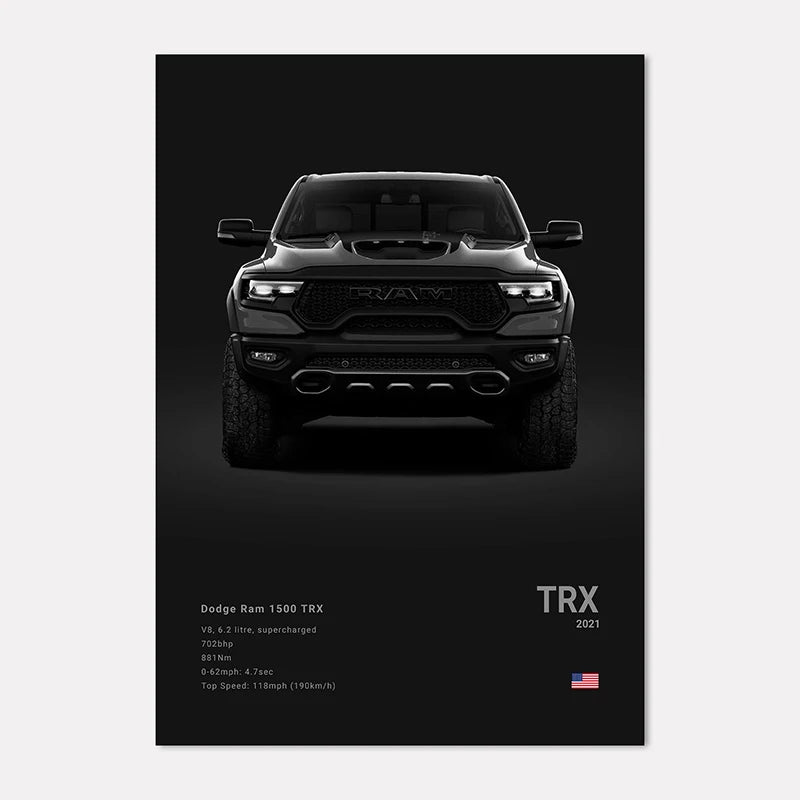 Black Dodge Ram 1500 TRX truck on a dark background with specifications listed.