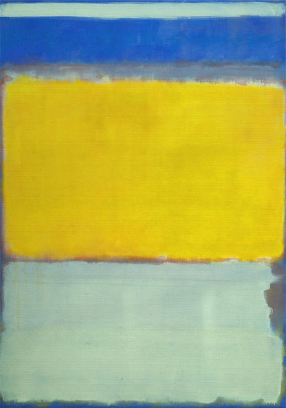 Abstract art with a large yellow square on a blue and gray background