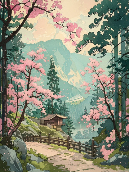 Scenic illustration of a Japanese landscape with cherry blossoms, a traditional house, and Mount Fuji.