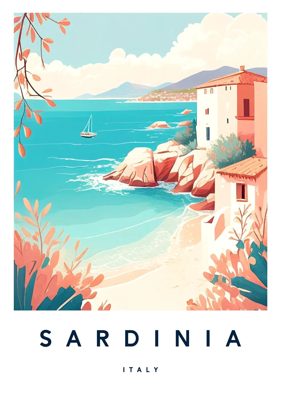 Vintage-style poster of Sardinia, Italy with a coastal scene and house.