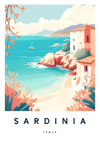 Vintage-style poster of Sardinia, Italy with a coastal scene and house.
