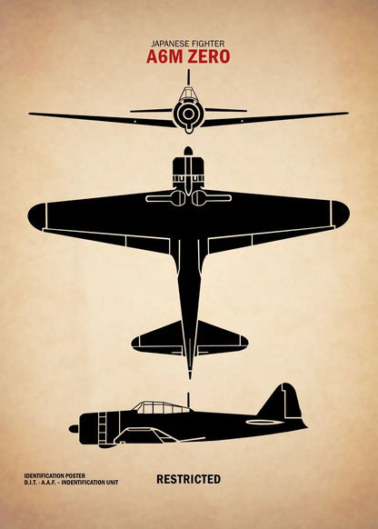 Diagram of a Japanese fighter aircraft A6M Zero on a beige background