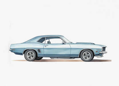 Side view of a light blue classic muscle car on a white background