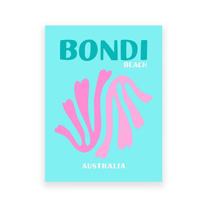 Poster with 'Bondi Beach, Australia' text on a light blue background
