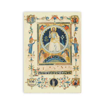 Decorative book cover with religious illustration and intricate border on a white background