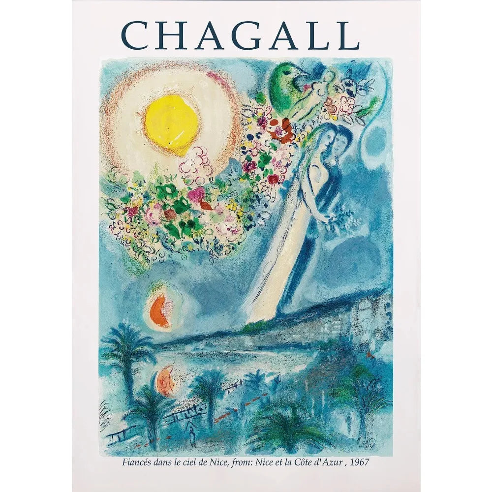 Artistic depiction of a woman with flowers and a sun, inspired by Marc Chagall, on a white background.